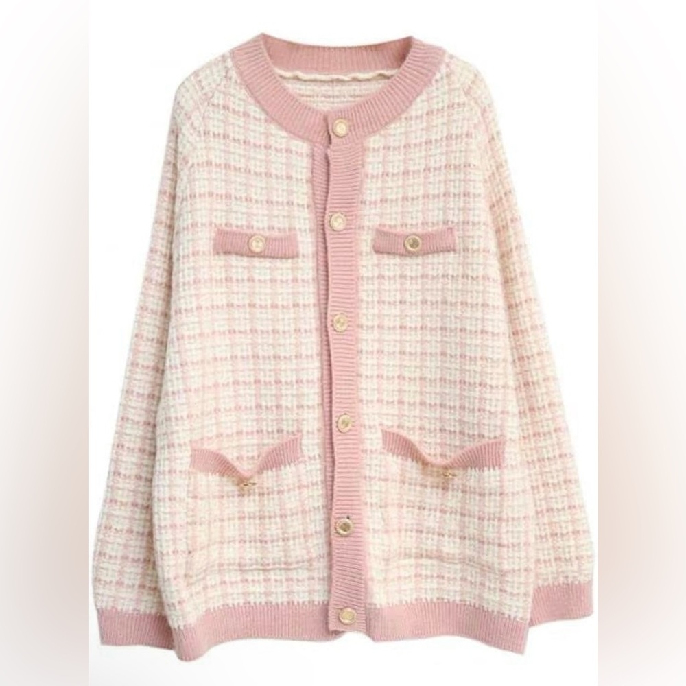 Women Knit Sweater Cardigans Retro O-Neck Single-Breasted Plaid Size Large